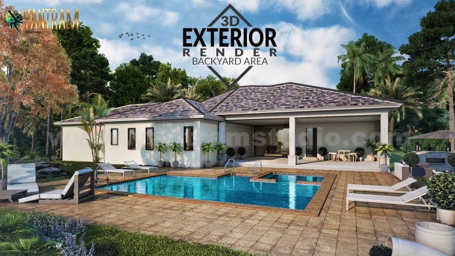 3D Architectural Rendering Residential House with backyard pool area by architectural design studio, Houston – Texas