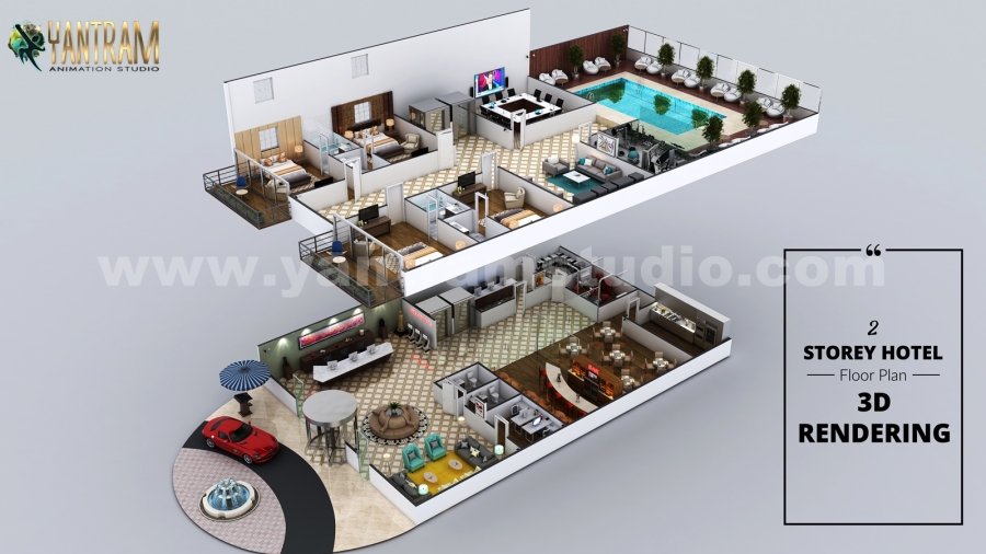 Grand Hotel with Beautiful Backyard Pool by 3d floor plan design services, Houston, Texas