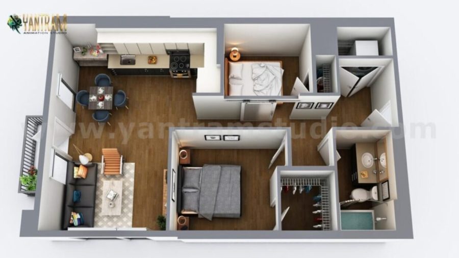 Two-Bedroom Residential House 3D Home Floor Plan Design