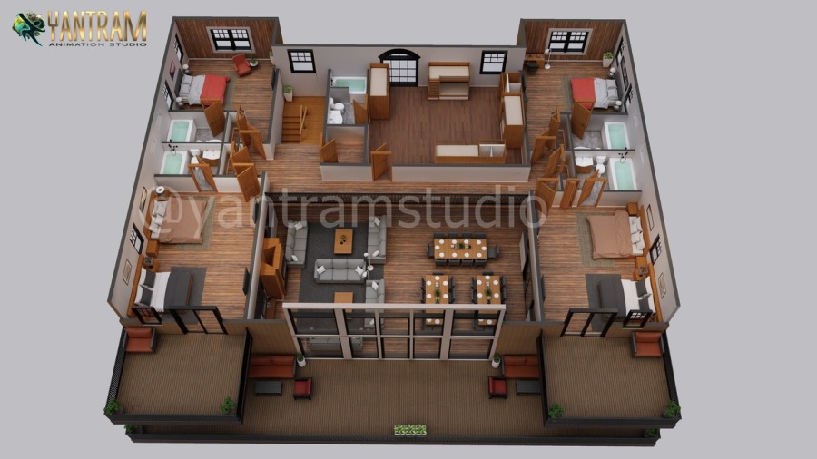 3D Floor Plan Design services for a shared house in California by Yantram 3D Architectural Rendering Company