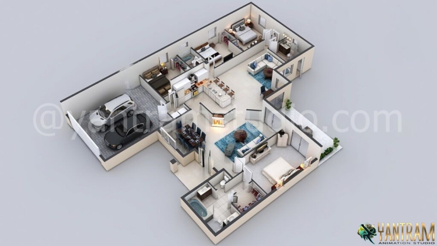 3D Floor Plan Rendering of an Innovative House in California, by Yantram 3D Architectural Rendering Company