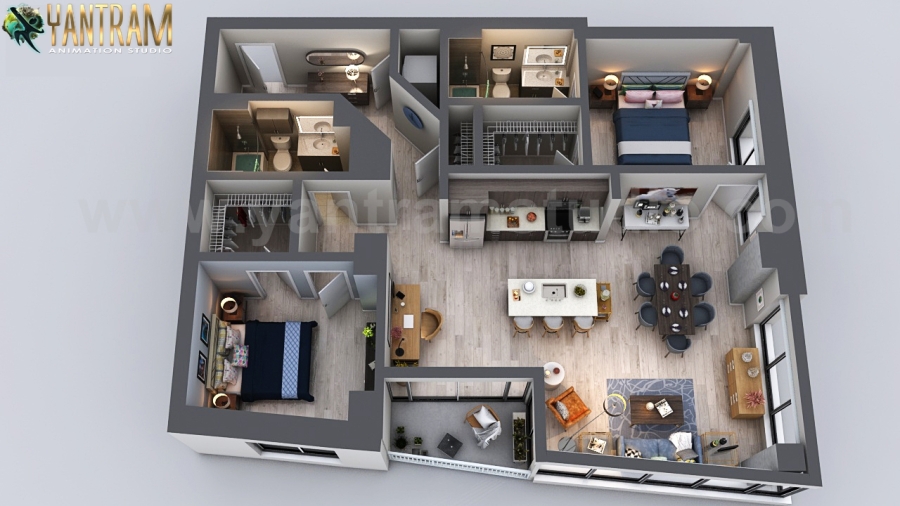 3D Floor Plan Rendering of an Astonishing Apartment in Houston, Texas by Yantram 3D Architectural Rendering Studio