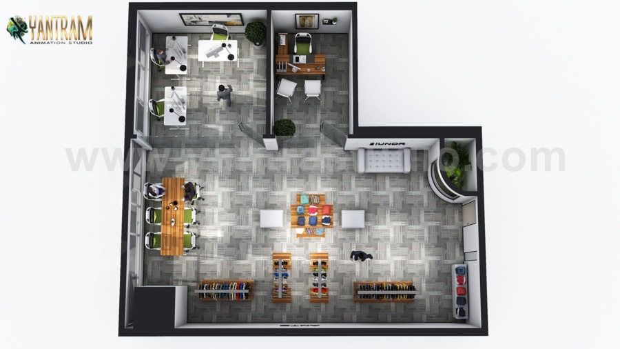 3D Floor Plan Designer creates a Boutique in California by Yantram Architectural Design Studio